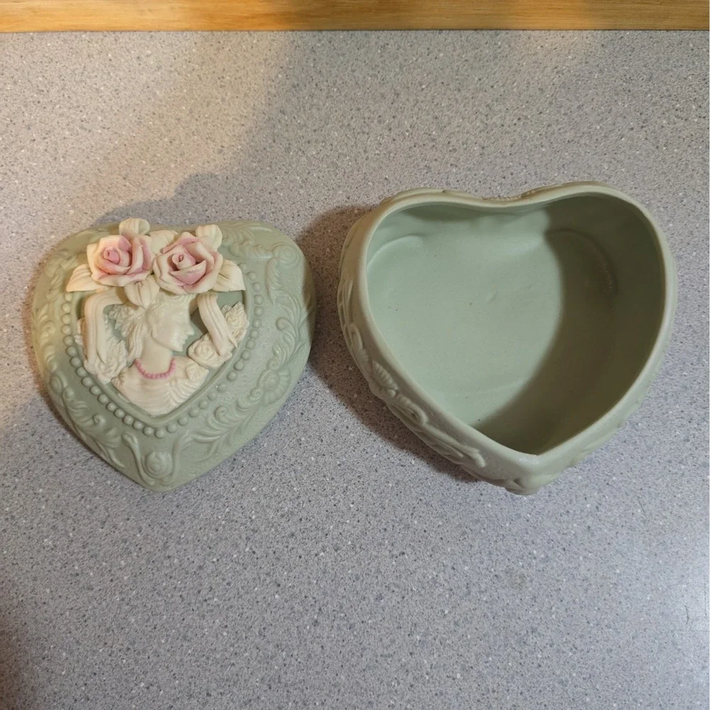 Vintage Victorian Cameo Trinket Box, Sage Green And Ivory Matte, Vanity Decor